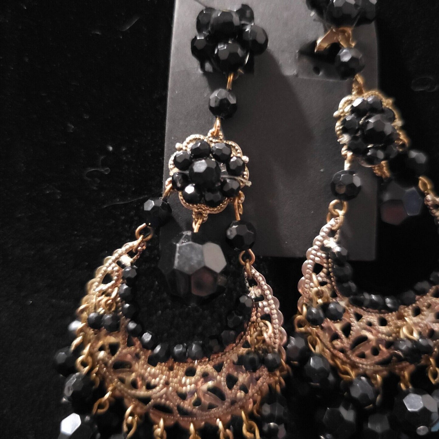 Large Dangle Chandelier Earrings Gold Tone Black Beaded Bohemian 3.5" x 2"