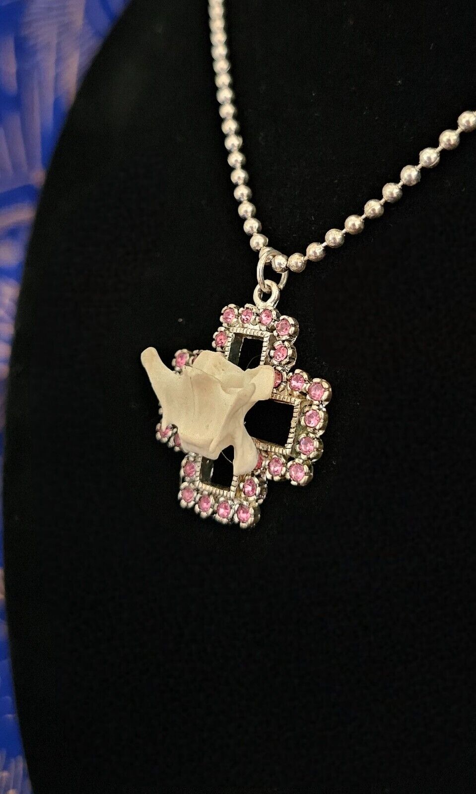 Coyote Bone on Pink Rhinestone Cross Necklace