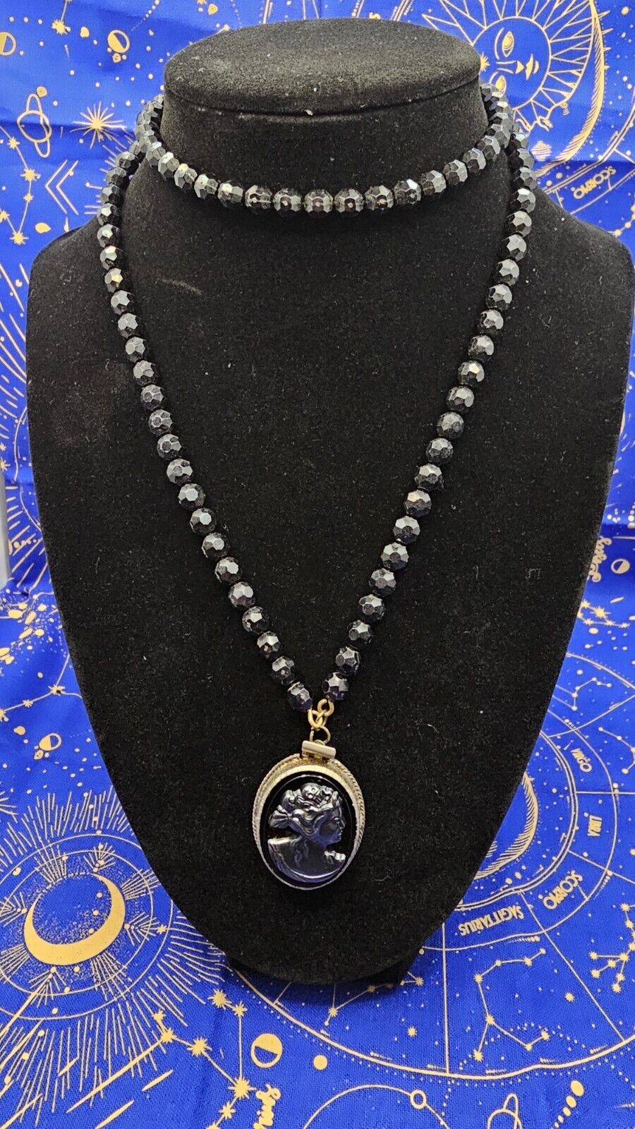 Vintage Black Cameo Necklace Black Beads