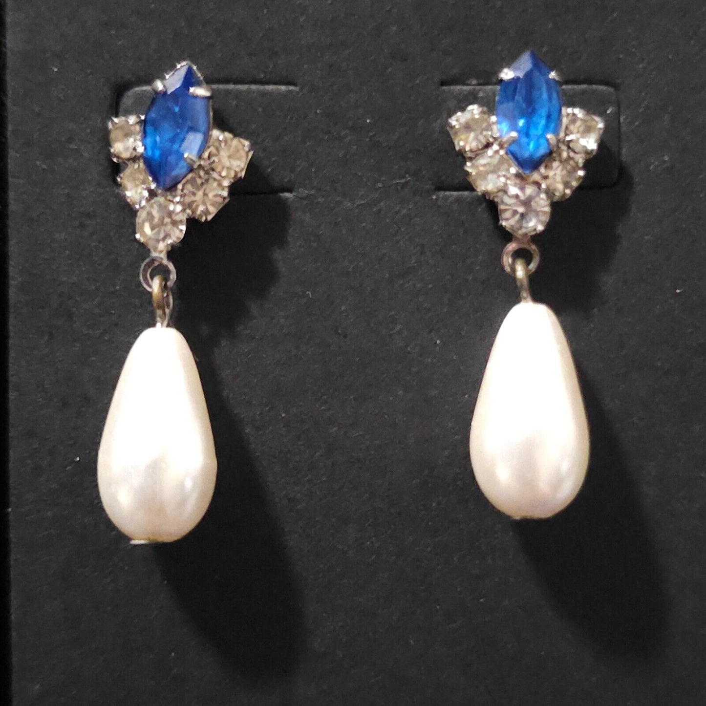 Blue Rhinestone and Pearl Dangle Earrings